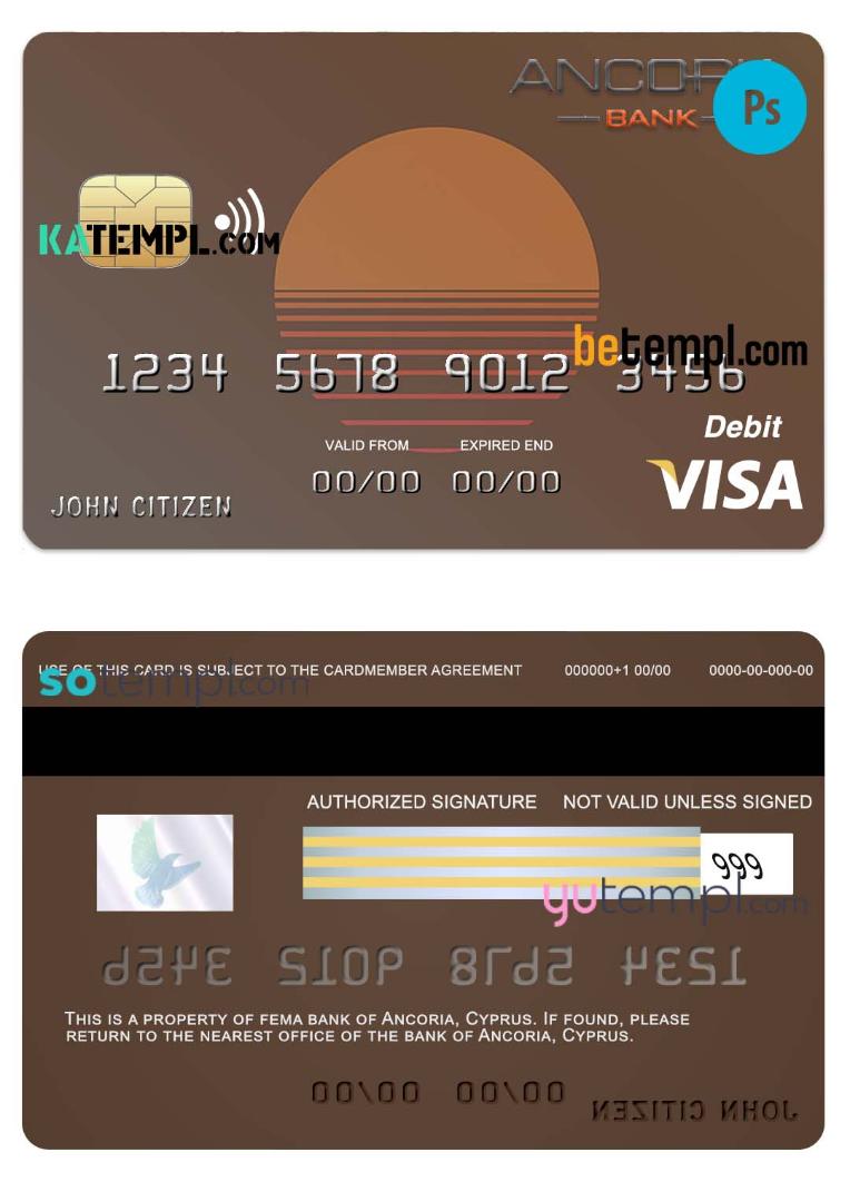 Cyprus Ancoria bank visa credit card template in PSD format, fully editable